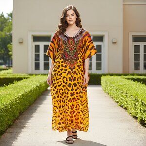 Gypsie Blu Leopard Printed Caftan Dress Moo Moos Maxi Cover Up Dresses for Women
